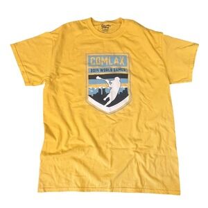 Gildan Mens Medium Yellow COMLAX 2014 World Games Lacrosse Graphic T-Shirt